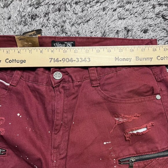 Square Zero Jeans Mens 36x33 Red Denim Distressed Biker Slim Paint Zipper Logo - Picture 14 of 16